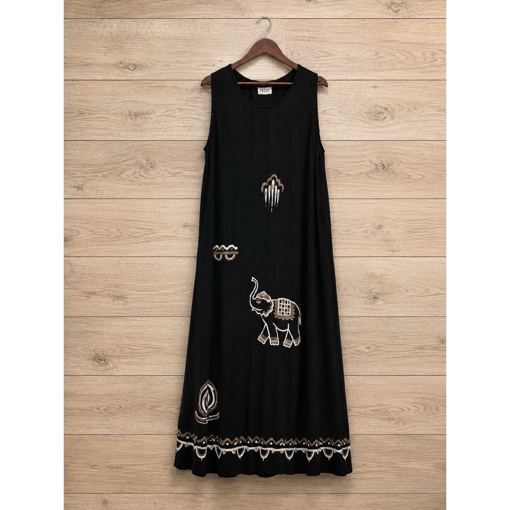 Predy Black Rayon Sleeveless Tunic Top LL XL Elephant Boho Long
